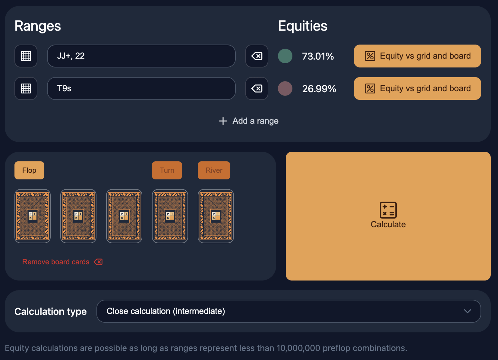 Equity calculator by Poker Toolkit