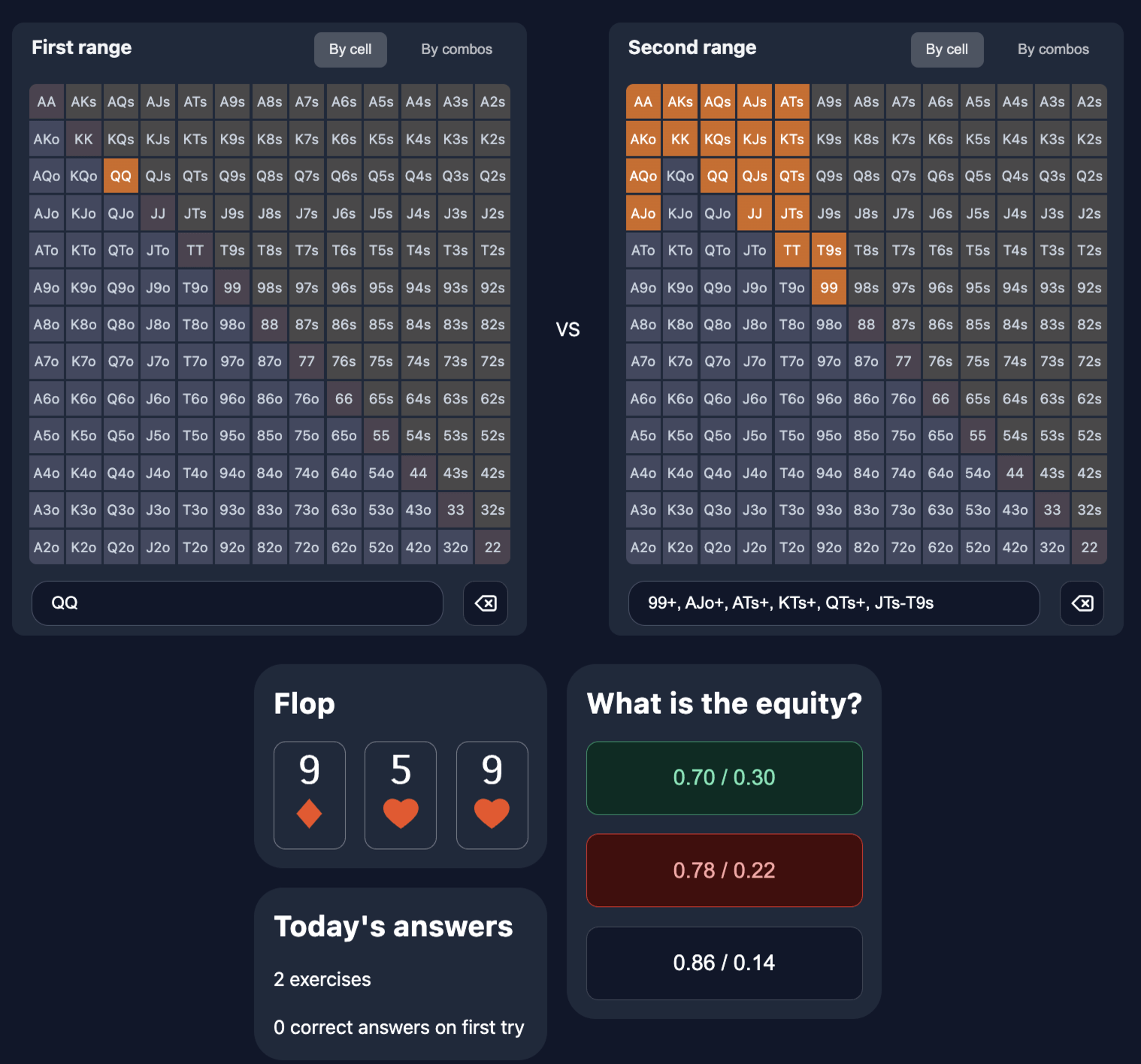 Range memorization feature view in Poker Toolkit