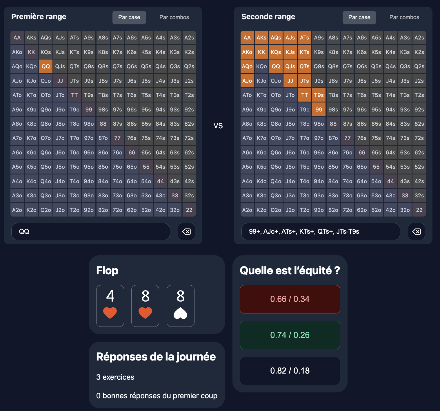 Vue de la fonctionnalité de mémorisation des ranges dans Poker Toolkit