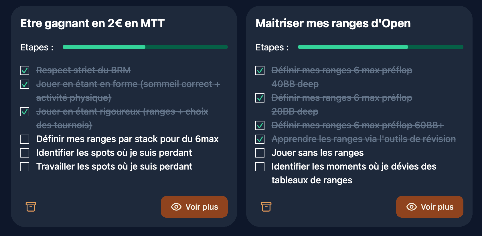 Fonctionnalité d'objectifs SMART dans Poker Toolkit