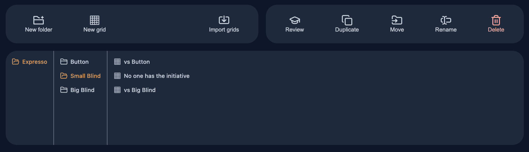 Visão da navegação de ranges no Poker Toolkit