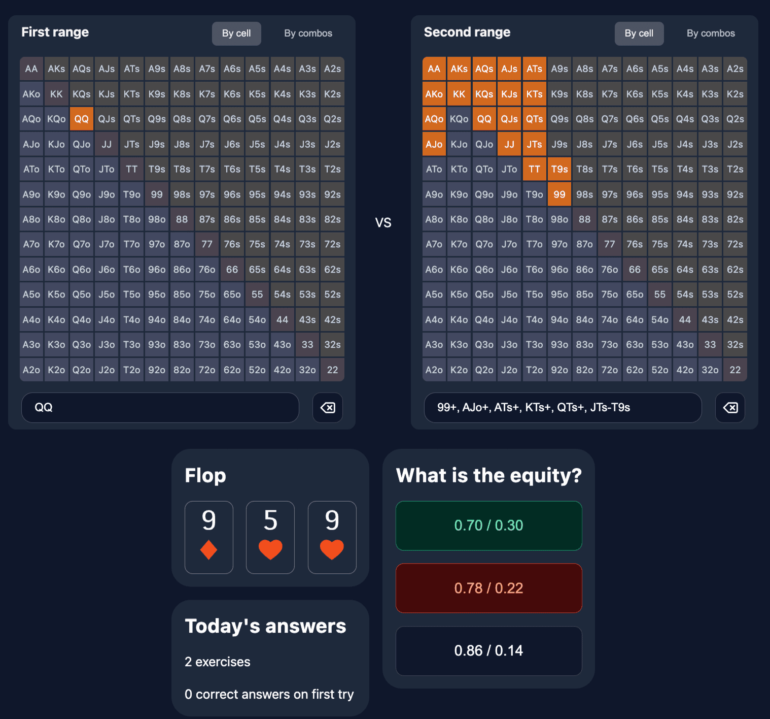 Vista da funcionalidade de memorização de Ranges na Poker Toolkit